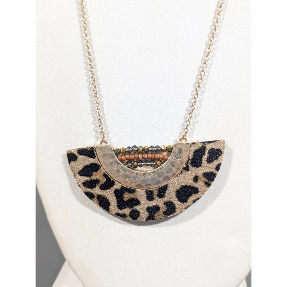 Animal Print Cheetah Leopard Crescent Hammered Long Necklace Boho Gold Tone 34"
